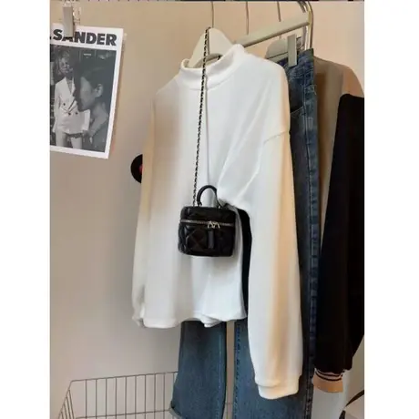 加绒加厚半高领打底衫女秋冬宽松韩版百搭德绒保暖长袖T恤上衣潮商品大图