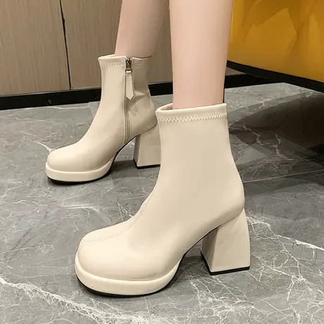 高跟短靴女瘦瘦靴粗跟法式韩系裸靴秋冬季厚底马丁靴女款2023新款商品大图