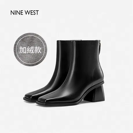 Nine West/玖熙方头粗跟后拉链时装靴冬季新品加绒通勤高跟鞋保暖图片