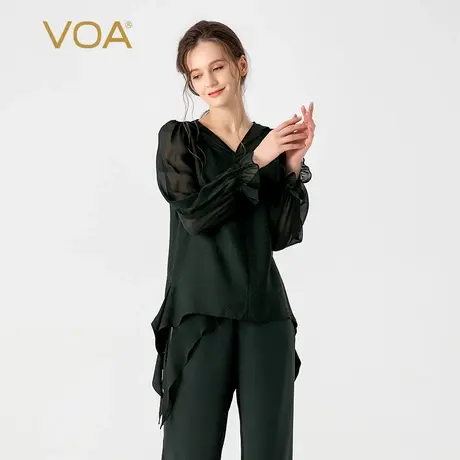 VOA桑蚕丝暗纹提花墨绿色连帽喇叭袖拼接乔其直筒尖角下摆真丝T恤图片