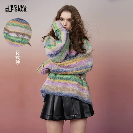 妖精的口袋彩色圆领套头毛衣女2023冬新款宽松条纹设计感针织上衣商品大图