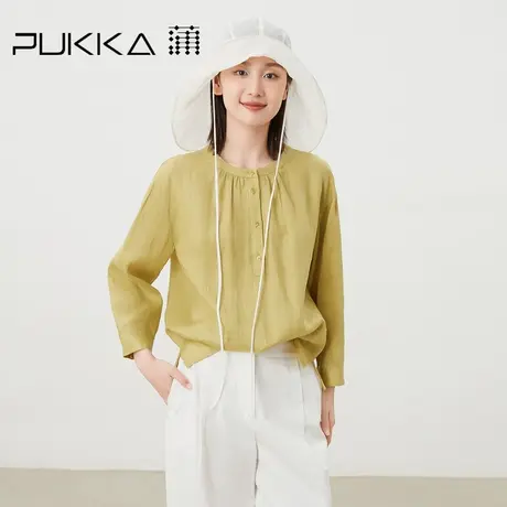 蒲PUKKA 亚麻衬衫女春夏碎褶气质减龄长袖文艺衬衣图片
