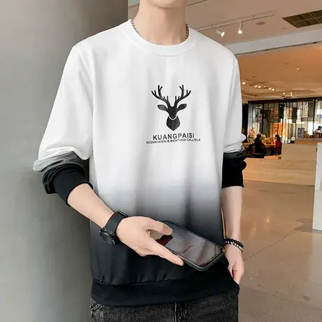 2023春秋季新款男士长袖t恤潮流牌渐变打底衫上衣服男装圆领卫衣商品大图