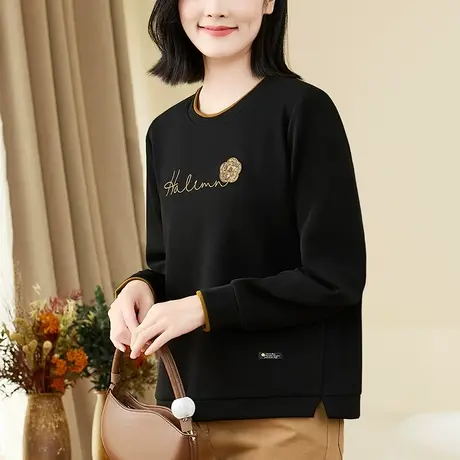 圆领正肩卫衣女春秋2024年新款时尚洋气中年妈妈刺绣上衣百搭外套商品大图