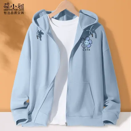 新款连帽开衫卫衣女2023早秋复古式潮牌印花学生外穿宽松拉链外套商品大图