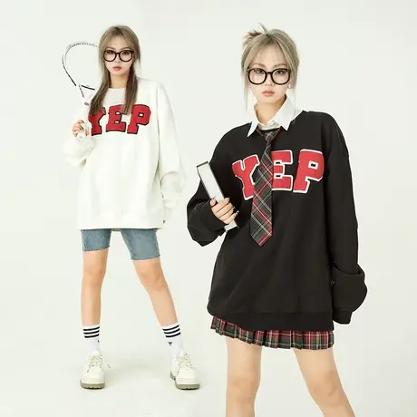 yep落肩美式卫衣女加厚春秋宽松oversize无帽圆领小个子外套女款商品大图