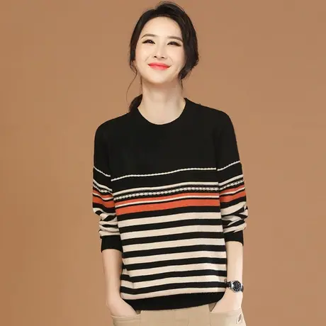 韩潮袭人圆领撞色条纹毛衣女冬季新款休闲百搭针织打底衫上衣图片