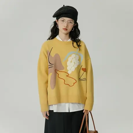 omont蛋挞家 圆领提花毛衣女秋冬复古宽松慵懒风小个子针织上衣图片