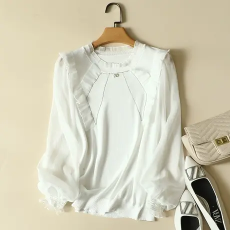 冰丝针织衫女春装2024年新款雪纺长袖洋气上衣套头毛衣蕾丝打底衫商品大图