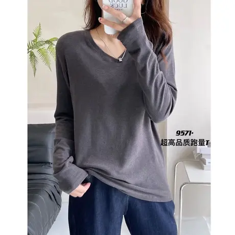 纯色长袖T恤女春秋新款V领套头百搭宽松韩版内搭打底衫体恤上衣潮图片