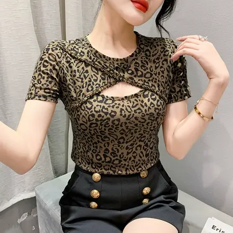 时尚豹纹T恤女短袖2024夏季新款性感镂空上衣洋气钉珠紧身小衫ins商品大图
