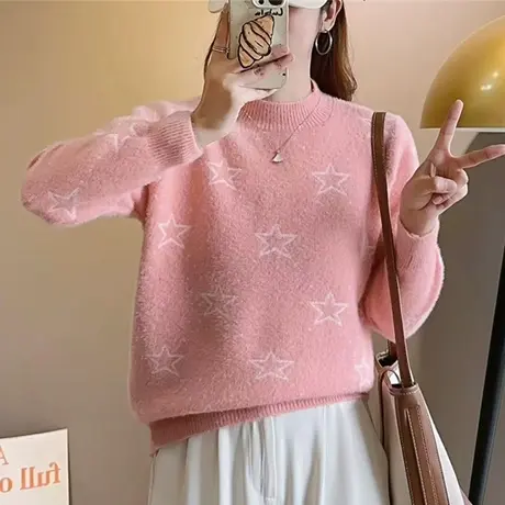 超好看洋气温柔水貂绒针织毛衣打底衫可爱减龄秋冬新款厚款上衣图片