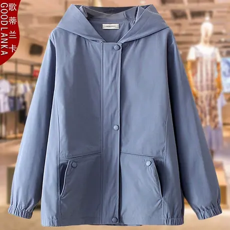 中年妈妈春秋连帽夹克休闲外套加肥加大码宽松洋气中长款女士风衣商品大图