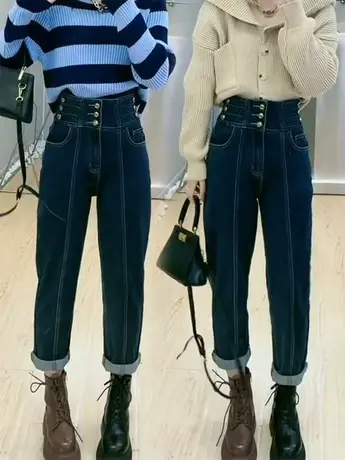 时尚三排扣高腰牛仔裤女2023新款小众设计感宽松显瘦哈伦老爹裤潮商品大图