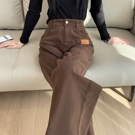 咖色加绒阔腿牛仔裤女2023秋冬季新款高腰美式宽松显瘦弹力直筒裤图片