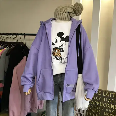 ulzzang卫衣女2020秋冬ins宽松韩版bf慵懒风盐系加绒加厚开衫外套商品大图