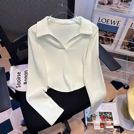 大码打底衫纯欲正肩polo长袖T恤女胖MM秋季新款显瘦遮肚上衣藏肉图片