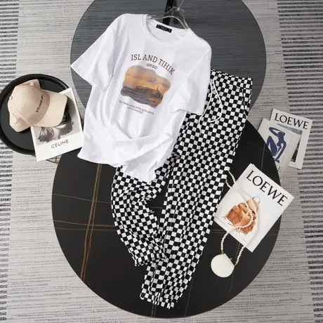 纯棉大码运动服套装女夏季宽松短袖长裤小个子网红炸街休闲两件套商品大图