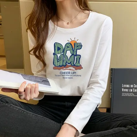 t恤女宽松韩版上衣春装2023新款内搭纯棉女士打底衫洋气长袖体恤商品大图