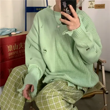 红续做旧破洞绿色毛衣女慵懒风小众设计感2023秋冬新款小个子上衣图片
