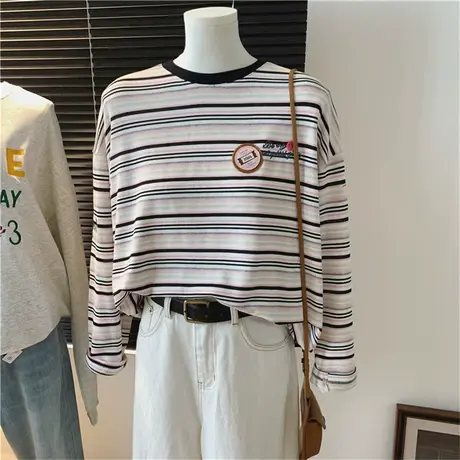 刺绣小字母粉色条纹时尚洋气宽松长袖个性休闲T恤韩版秋季女上衣图片