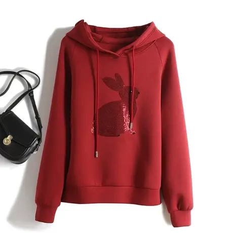 红色生肖兔子连帽卫衣女重工亮片套头宽松大码插肩长袖太空棉上衣商品大图