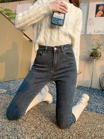 紧身小脚牛仔裤女2023秋冬新款加绒高腰修身显瘦显高加长铅笔靴裤图片