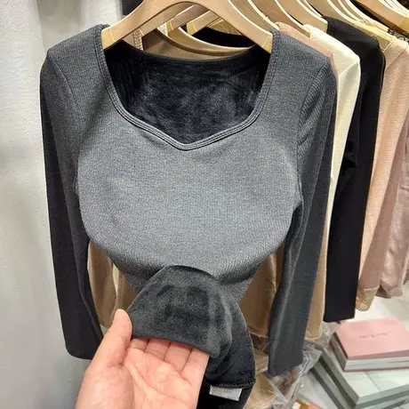 纯色简约内搭一体绒打底衫女秋冬加绒加厚韩版修身长袖T恤上衣潮商品大图