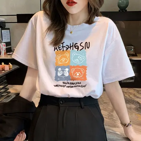 欧美高街白色卡通小熊短袖T恤女oversize宽松大码上衣胖mm薄款夏商品大图