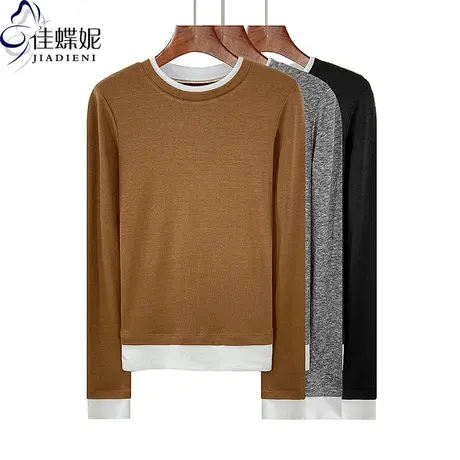 秋冬新款圆领撞色拼接假两件修身纯棉长袖体恤上衣内搭女打底衫商品大图