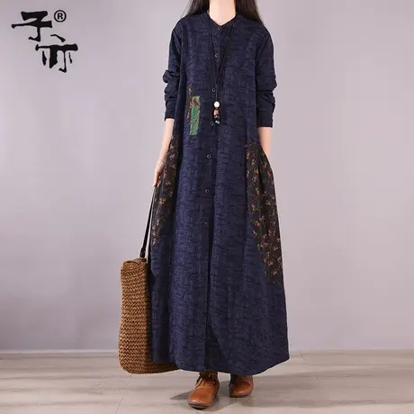 春装新款复古宽松大码长袖（加绒）拼接印花打底衬衫连衣裙图片