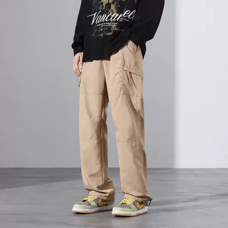 马丁靴配裤男士秋季宽松直筒束脚工装裤高街卡其色休闲裤户外运动商品大图