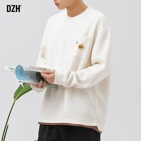 男士圆领假两件卫衣男春秋白色圆领打底衫长袖内搭华夫格外套休闲商品大图