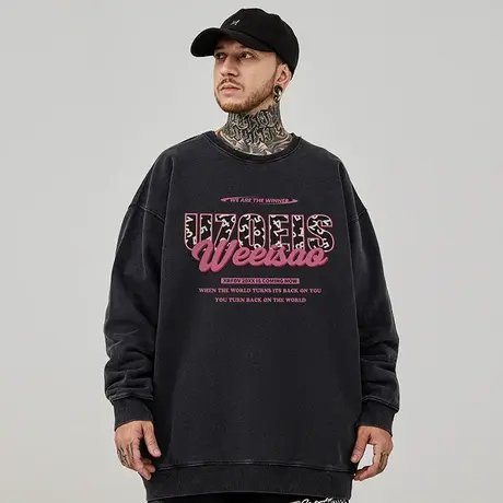 加肥加大码圆领美式重磅复古男装字母宽松做旧卫衣加绒秋冬季男款图片