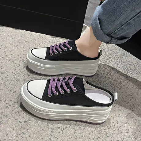 懒人帆布包头半拖鞋女外穿2023春夏季新款厚底内增高女鞋子小白鞋商品大图