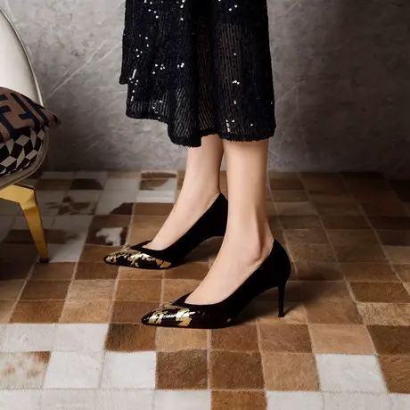 熙漫2023新款蛇皮尖头欧美性感单鞋设计感御姐气质黑色细高跟女鞋图片