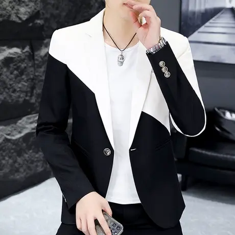 帅气双色拼接西服外套男秋季潮流韩版刺绣上衣美发型师修身小西装商品大图