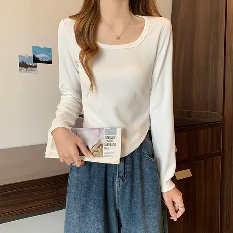 伊自尚2023年新款胖mm大码女装秋季新款韩版百搭休闲纯色T恤上衣商品大图