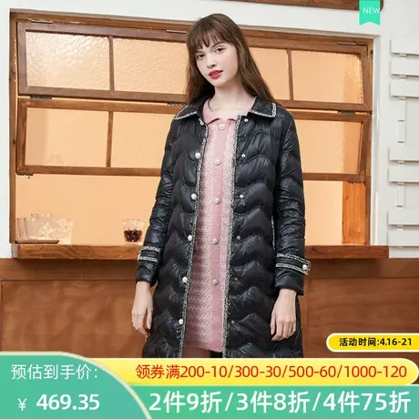 秋水伊人2022冬季新款修身保暖翻领珍珠扣系带黑色长羽绒服2A154图片