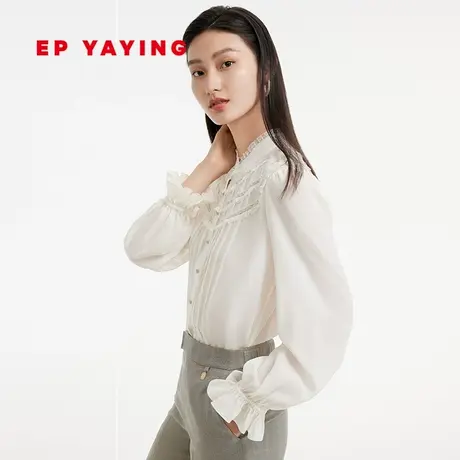 [真丝系列]EP雅莹女装 复古甜美立领白色衬衫 2023新款2226A商品大图