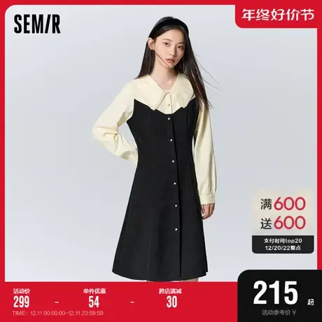 [商场同款]森马连衣裙女花边大翻领冬2023新款拼色肌理裙子盐甜系图片