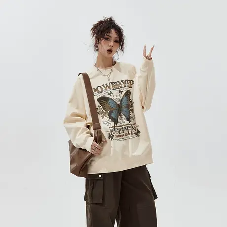 YEP春秋蝴蝶印花圆领卫衣女2025年新款复古潮牌宽松oversize上衣商品大图