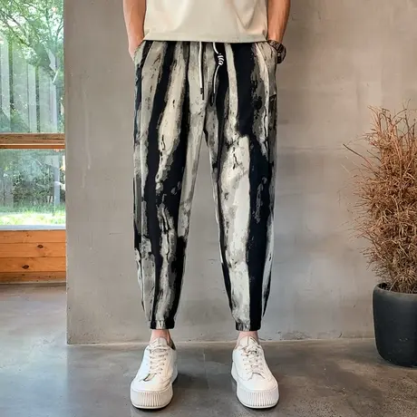 高级感冰丝裤子男款潮牌痞帅束脚男裤哈伦休闲裤男薄款垂感九分裤商品大图