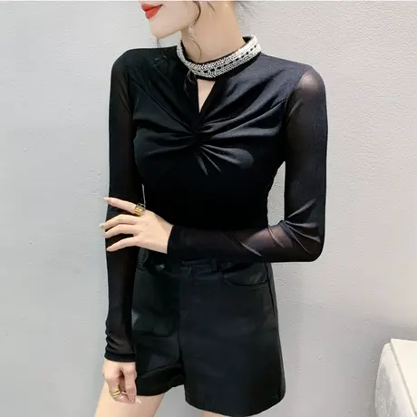 2024春装新款T恤半高领性感镂空褶皱钉珠洋气上衣女修身内塔小衫商品大图