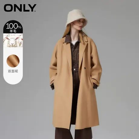 【上新】ONLY奥莱秋季新款双面呢平驳领绵羊毛中长款毛呢大衣女商品大图