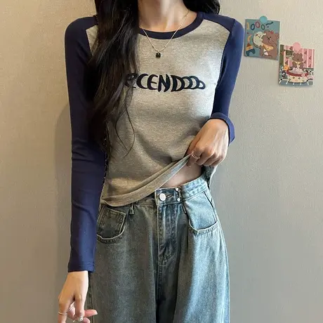 美式复古短款长袖T恤小众修身显瘦打底衫春季辣妹内搭bm上衣女潮商品大图