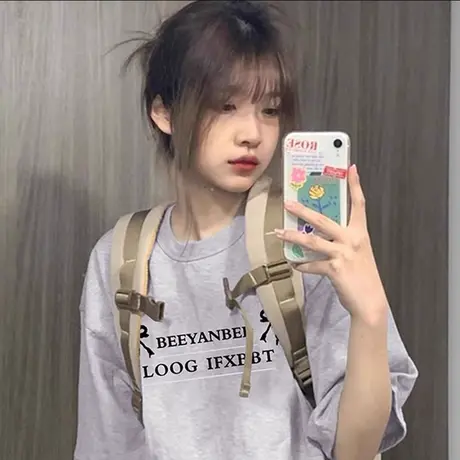 美式复古杏色短袖t恤女夏季2023新款设计感小众情侣宽松显瘦上衣图片