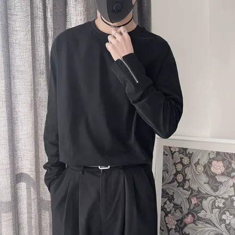 春季长袖t恤男2024新款潮牌个性拉链设计感宽松痞帅青年打底上衣商品大图