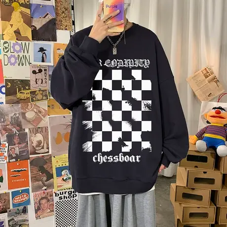 2023秋冬季卫衣男ins潮牌圆领打底衫宽松无帽外套棋盘格子上衣服商品大图