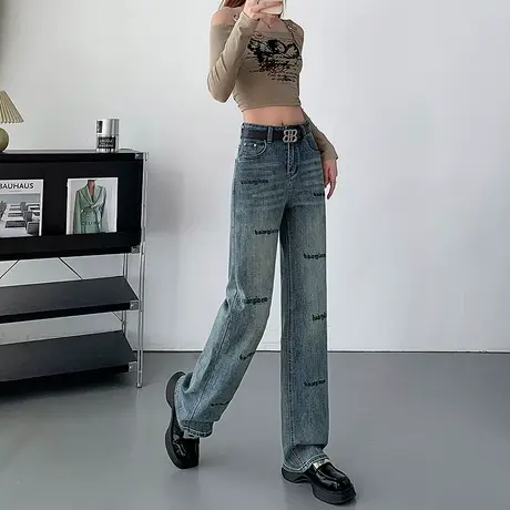 窄版阔腿牛仔裤女春秋2024年新款字母刺绣裤子显瘦高腰宽松直筒裤图片